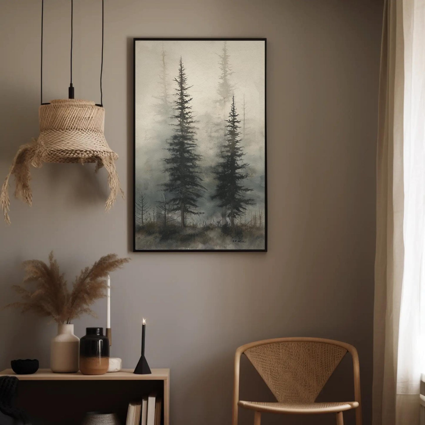 Foggy Pine Forest , Misty Woodland canvas wall art shown in a styled interior