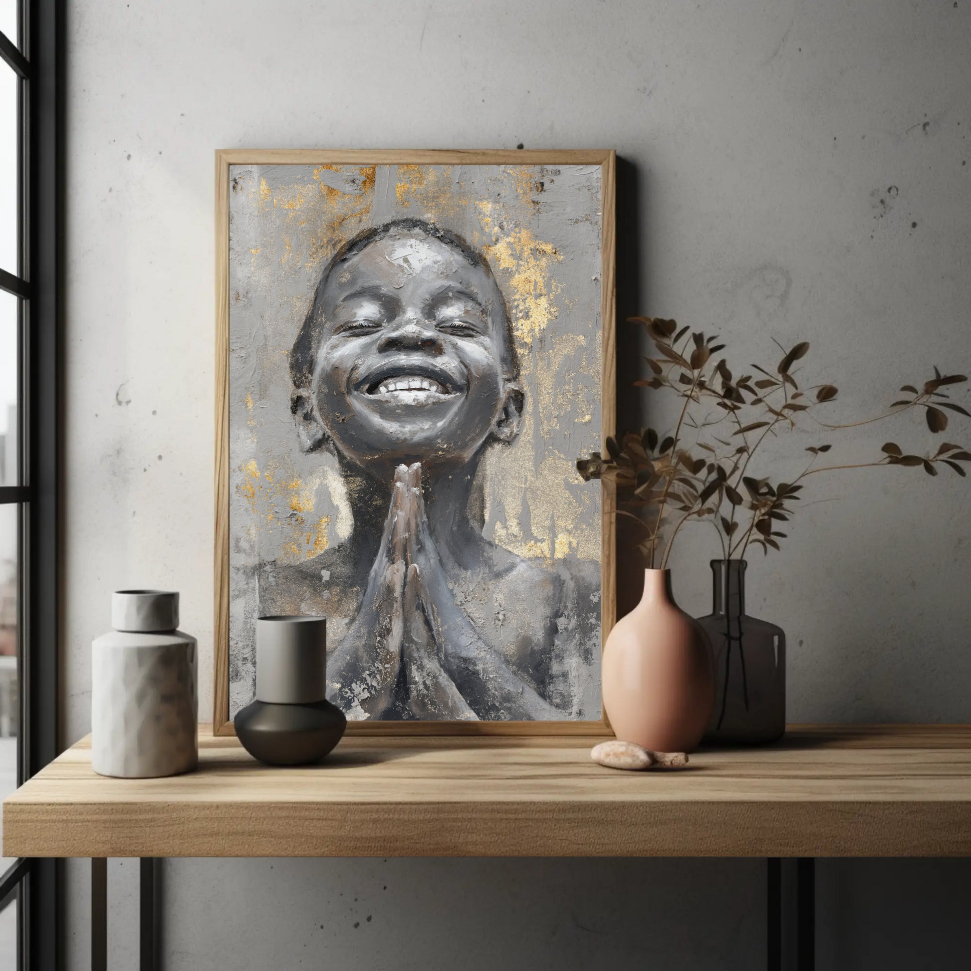 a wooden shelf with a framed painting of a smiling person, a vase with flowers, and two small vases on it.
