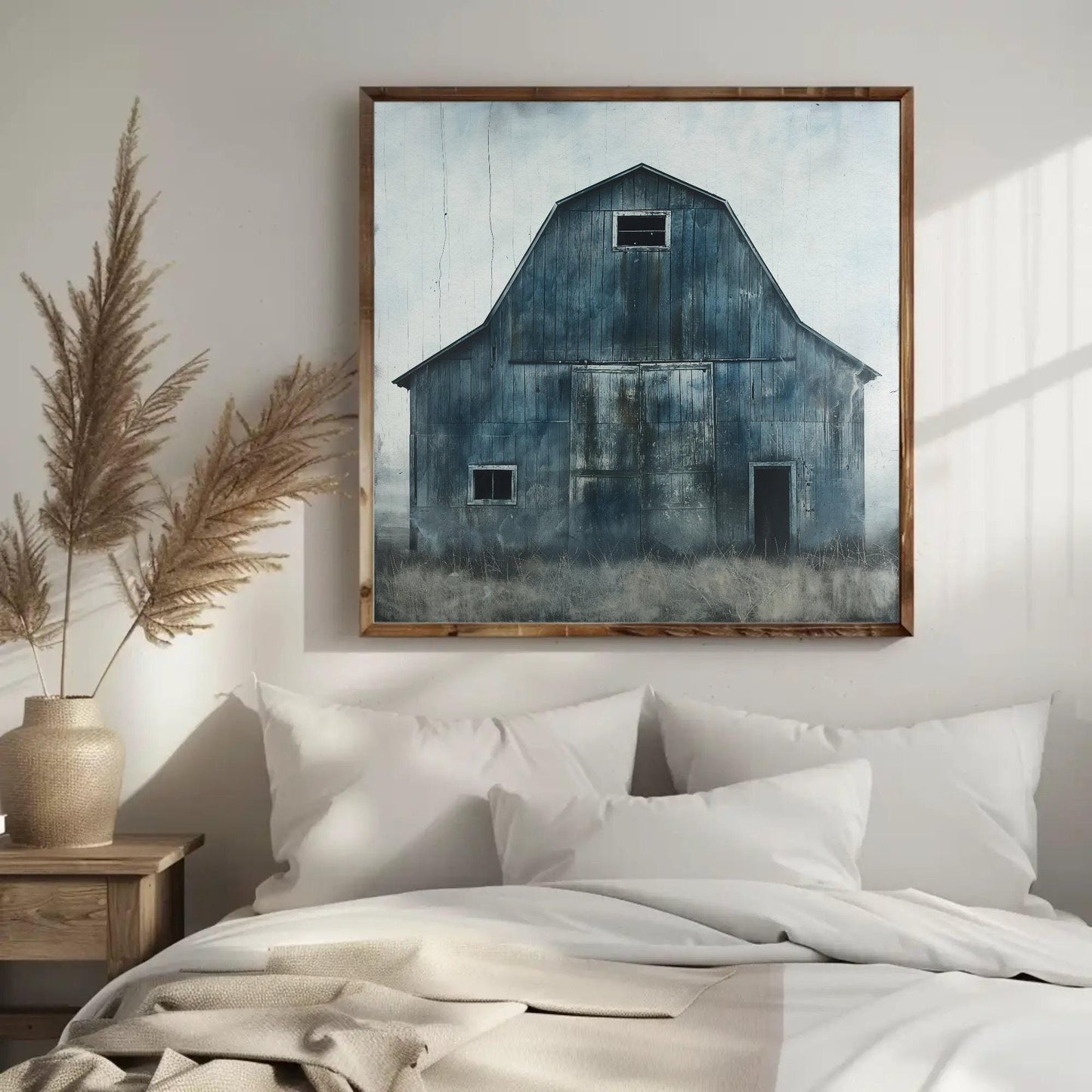 Blue Barn Canvas Print, Rustic Farmhouse Decor Framed Wall Art With Wooden Frame