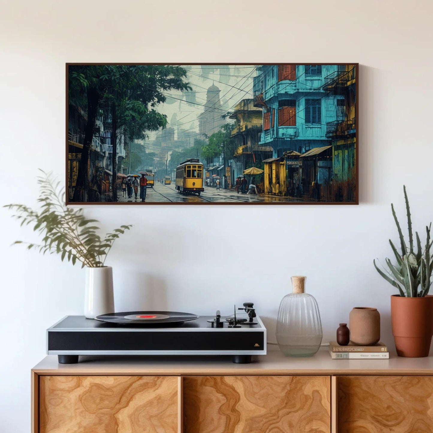 Kolkata , Vibrant Bengali City Street canvas wall art shown above a cabinet (view 2)