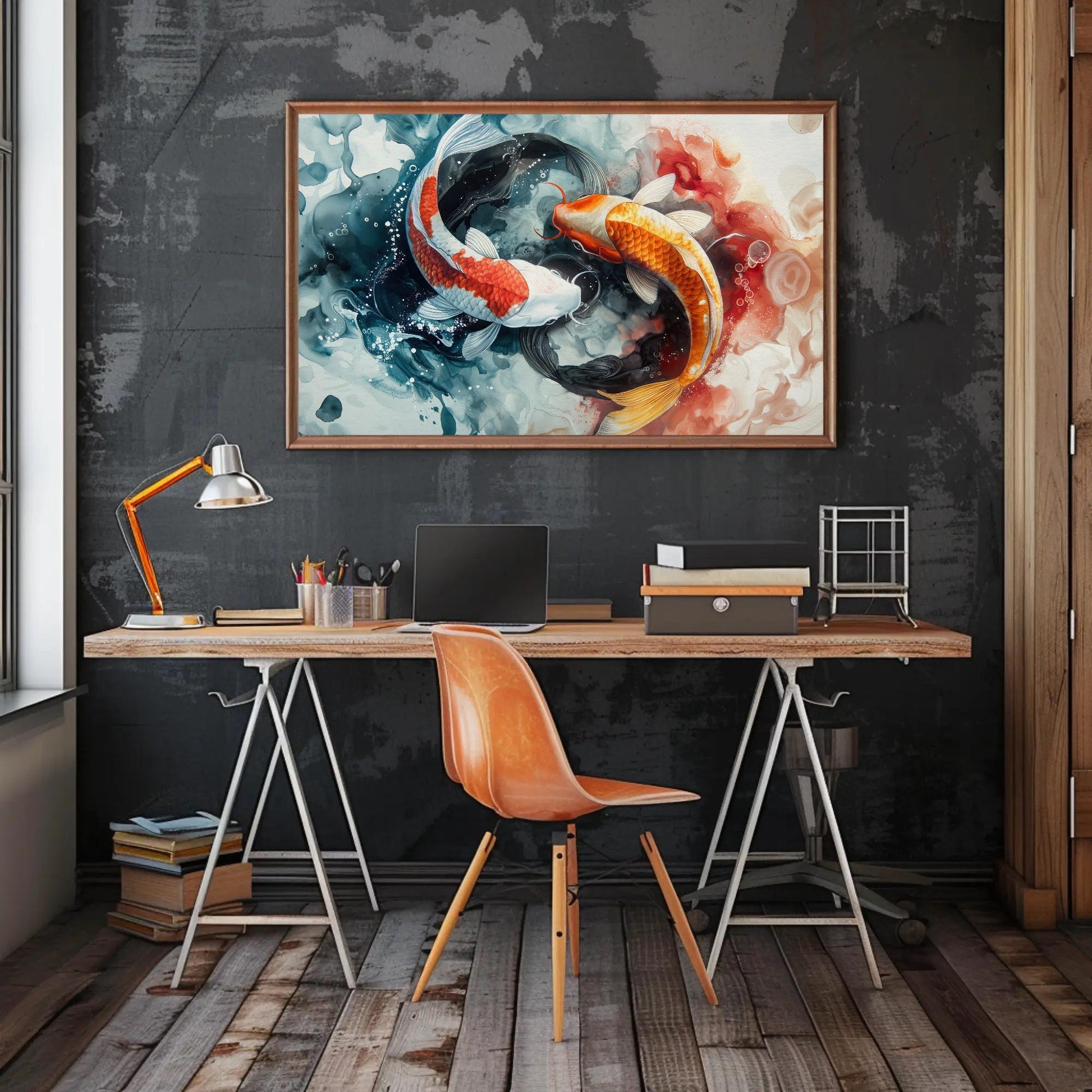 Koi Fish Watercolor canvas wall art shown above a desk (view 2)