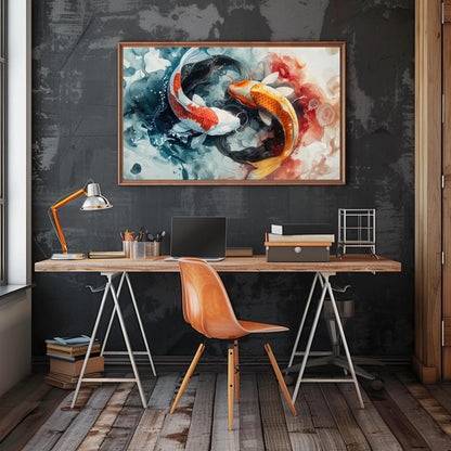 Koi Fish Watercolor canvas wall art shown above a desk (view 2)