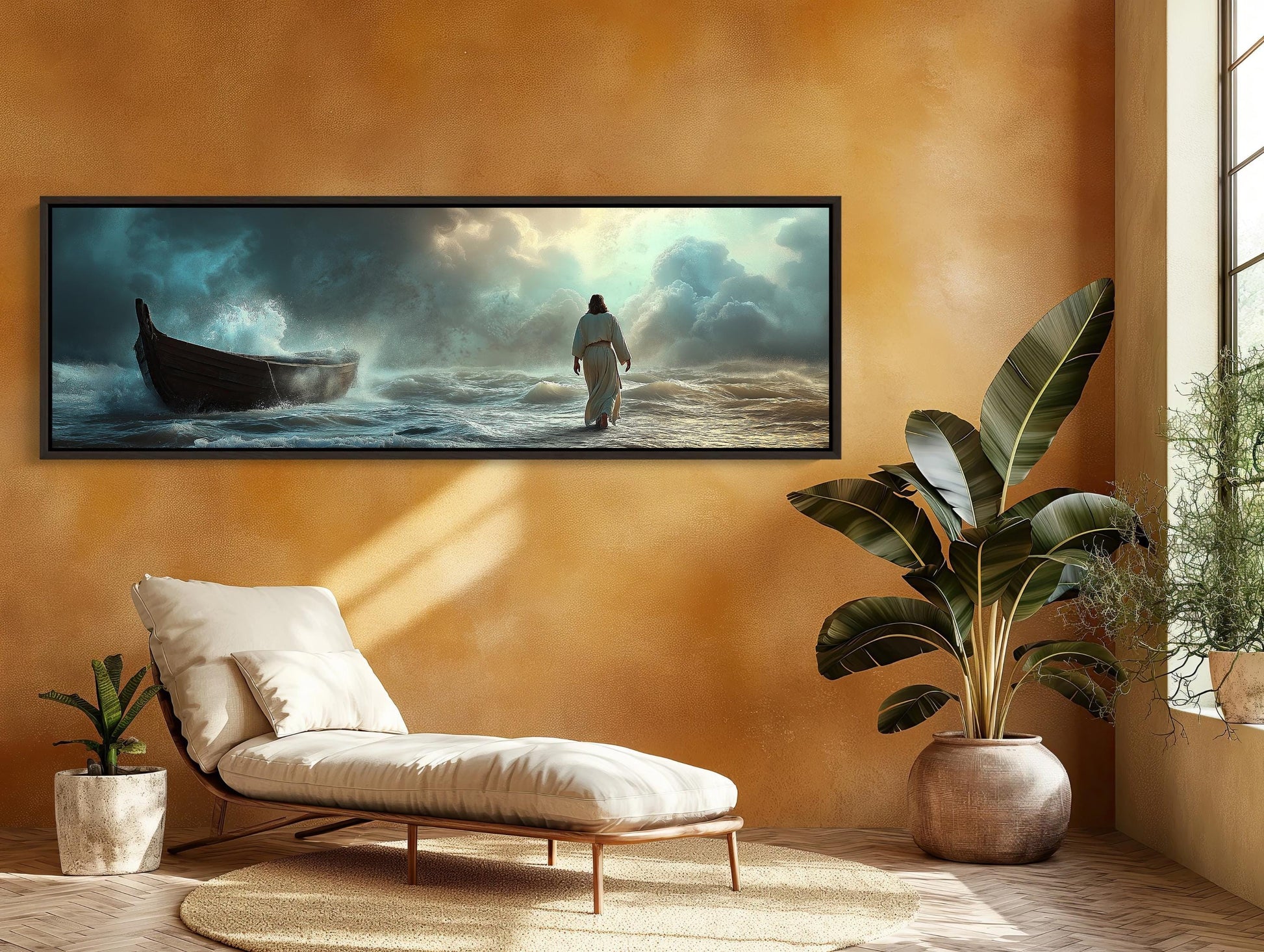 Jesus Walking on Water , Christian Faith canvas wall art shown in a styled room (view 4)