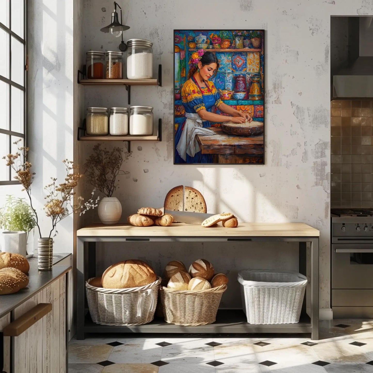Mexican Kitchen , Abuela Tortilla canvas wall art shown in a kitchen (view 2)