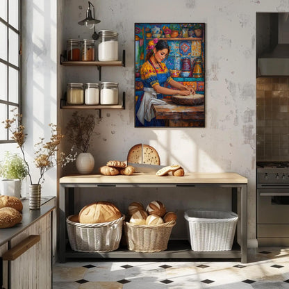 Mexican Kitchen , Abuela Tortilla canvas wall art shown in a kitchen (view 2)