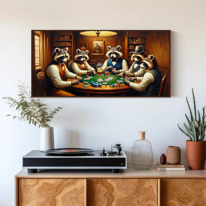 Raccoons Playing Poker canvas wall art, gallery-wrapped or framed