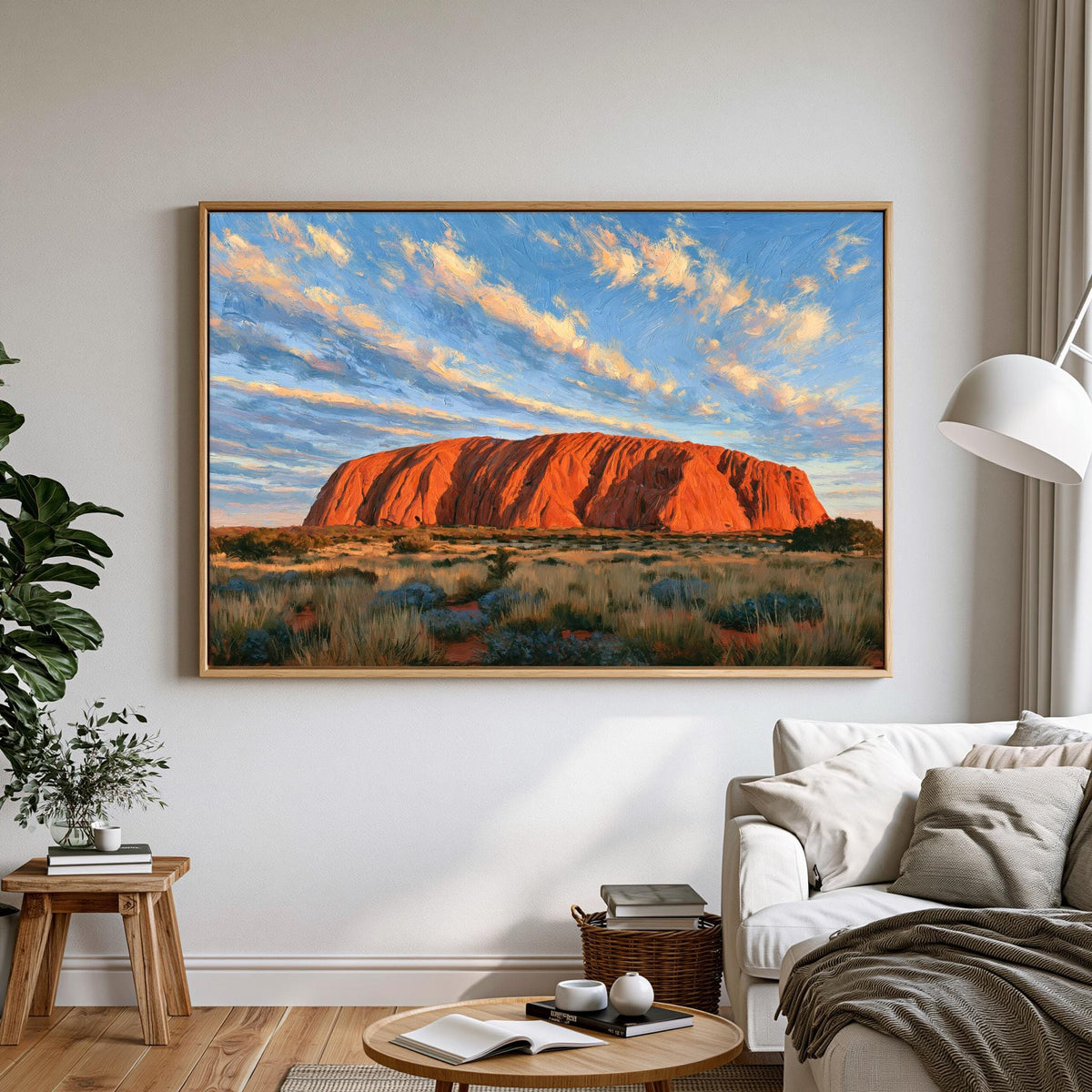 a large framed painting of Uluru, a famous red rock formation in Australia, hanging on a wall in a living room.