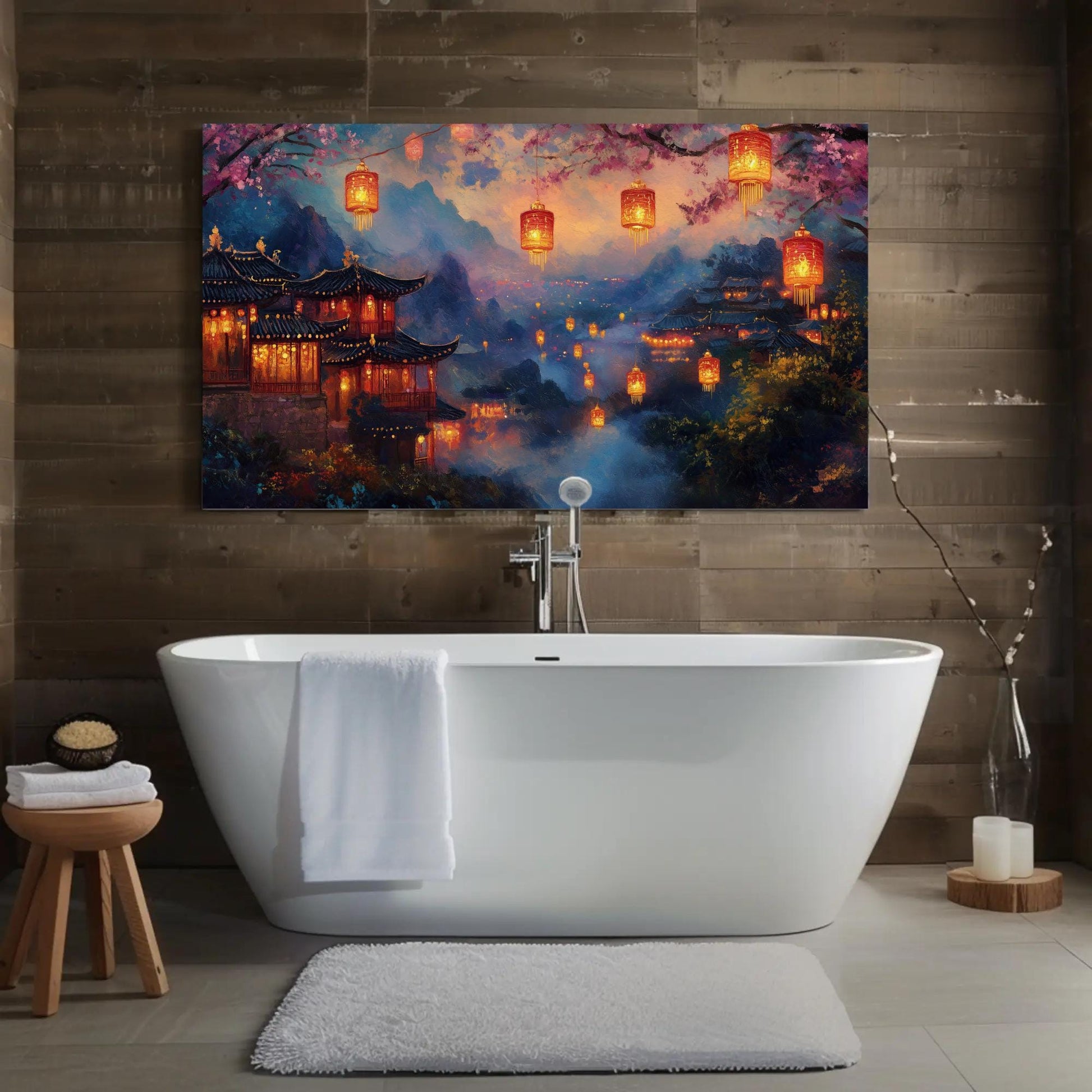 Chinese Village , Misty Mountain Lantern canvas wall art shown in a bathroom