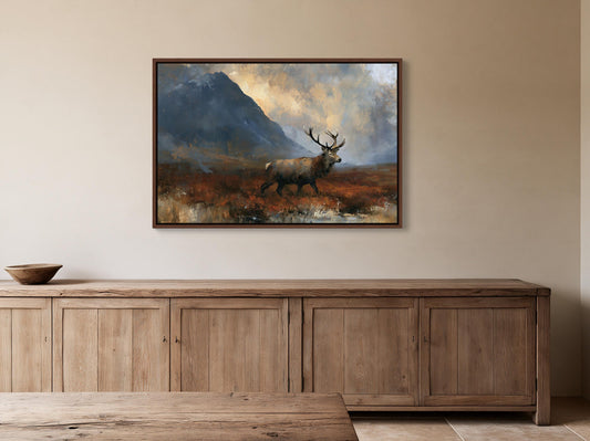 Red stag deer canvas wall art, stag crossing rust bracken below a Scottish Highland mountain