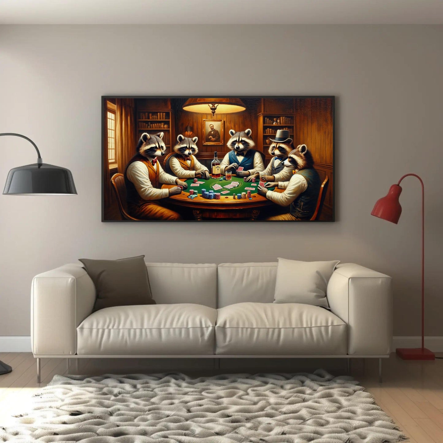 Raccoons Playing Poker canvas wall art in gold tones