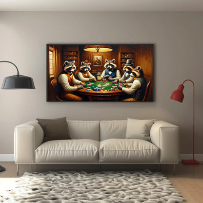 Raccoons Playing Poker canvas wall art in gold tones