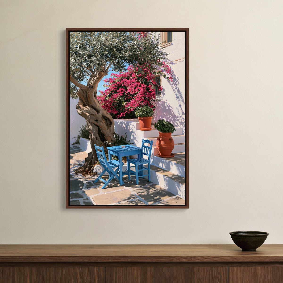 Greek taverna courtyard canvas wall art, framed photograph of a blue table and chairs set against a backdrop of a tree with