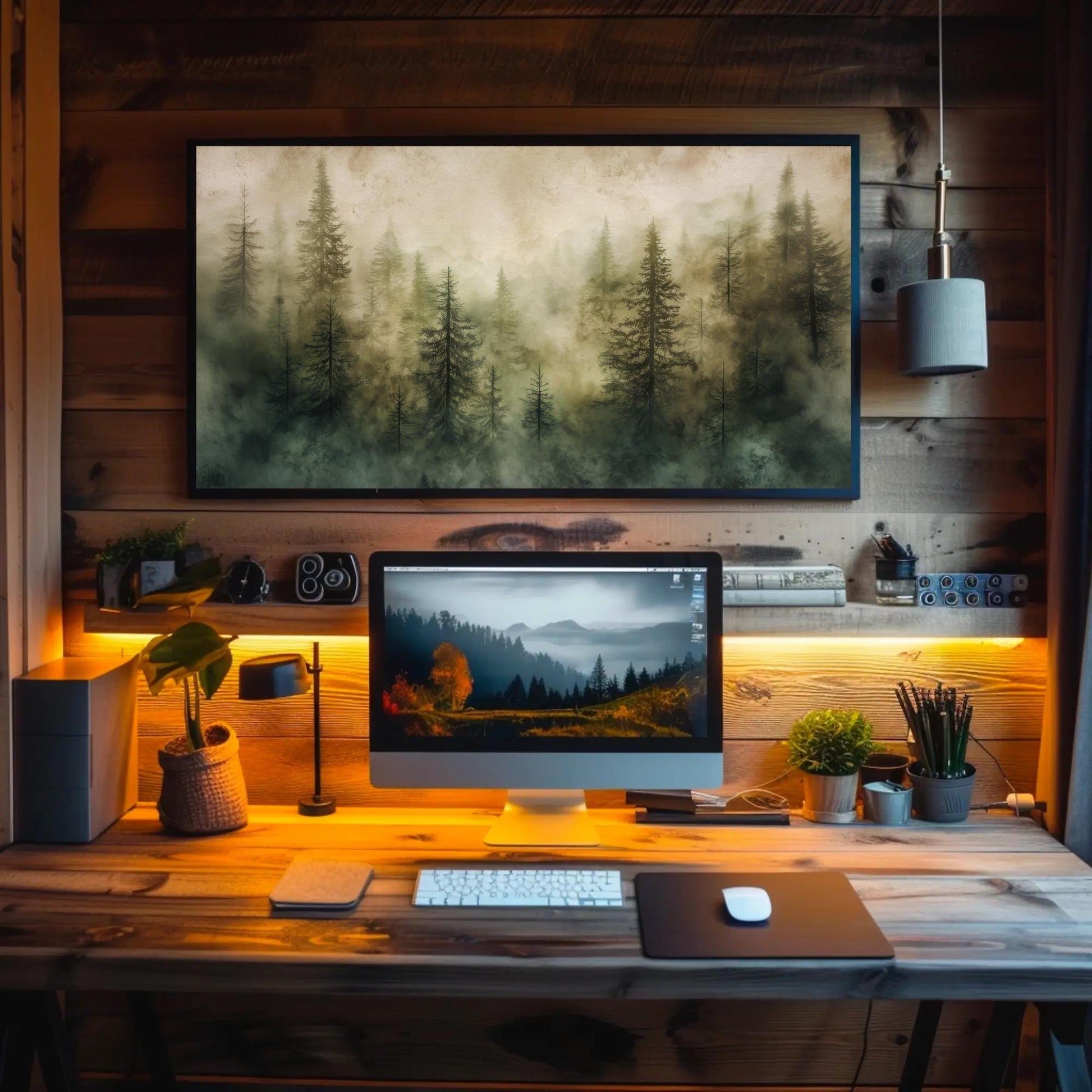 Misty Pine Forest canvas wall art shown in a home office
