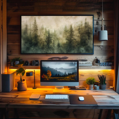 Misty Pine Forest canvas wall art shown in a home office