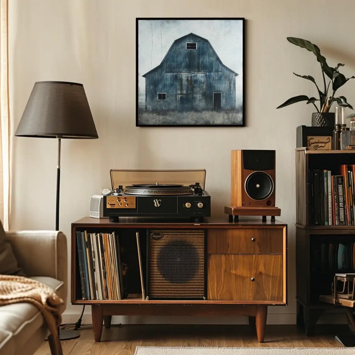 Blue Barn canvas wall art shown in a living room (view 3)