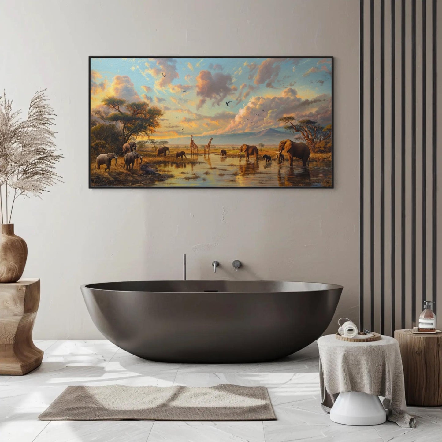 African Savannah , Giraffe Elephant Safari canvas wall art in gold tones