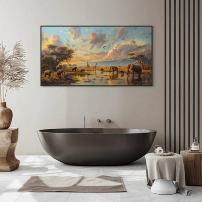 African Savannah , Giraffe Elephant Safari canvas wall art in gold tones