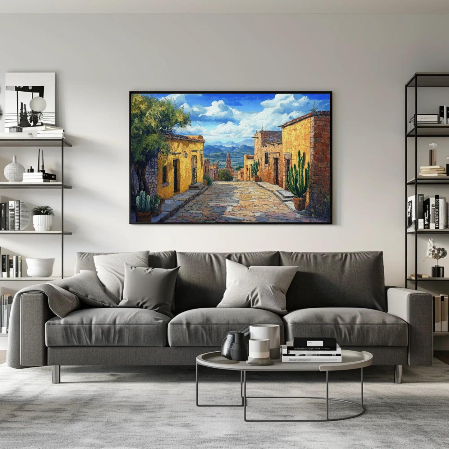 Mexican Village canvas wall art shown in a living room