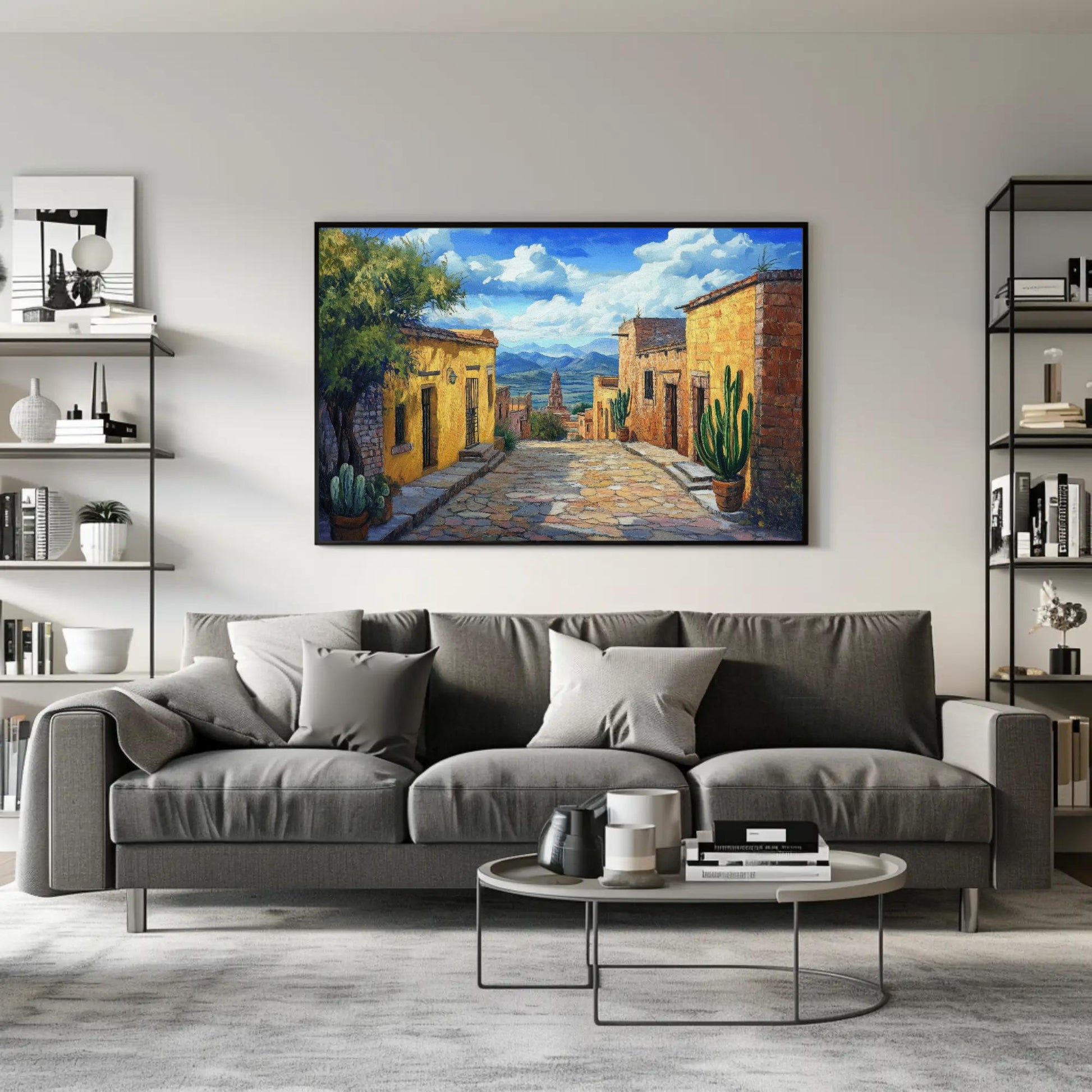 Mexican Village canvas wall art shown in a living room