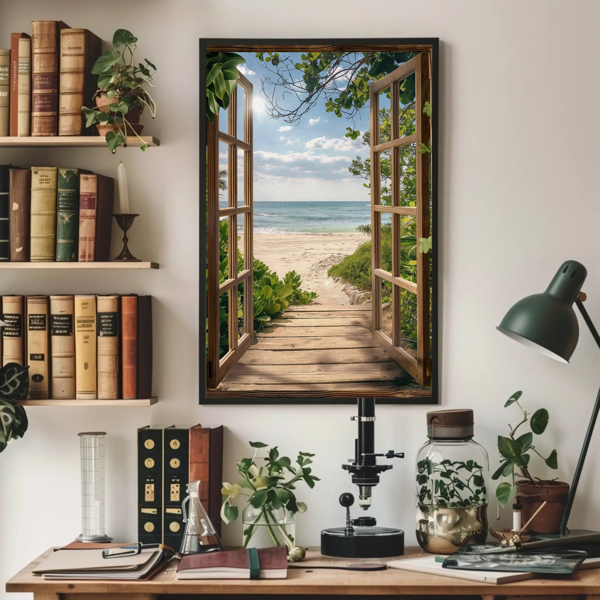 a painting of an open window overlooking the beach