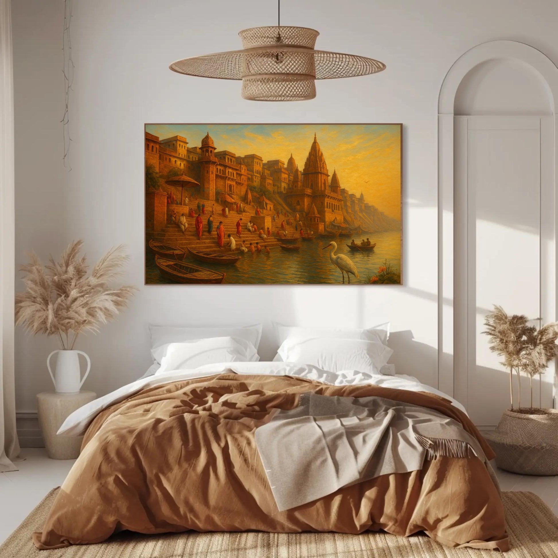 Varanasi Ghats Art canvas wall art shown in a bedroom (view 3)