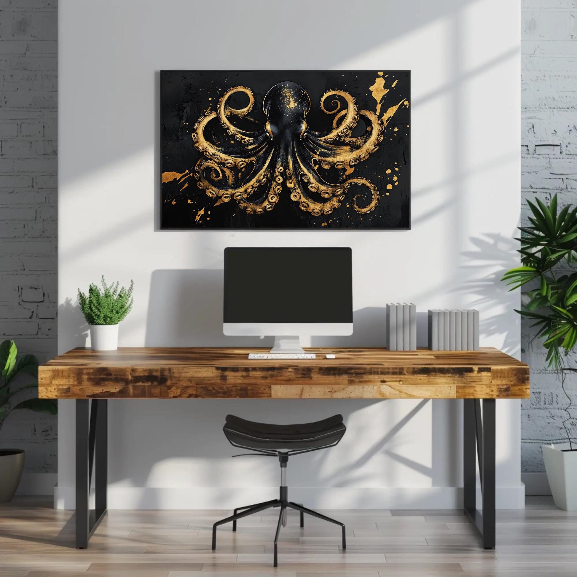 Octopus , Black Gold Nautical Symmetrical canvas wall art shown above a desk