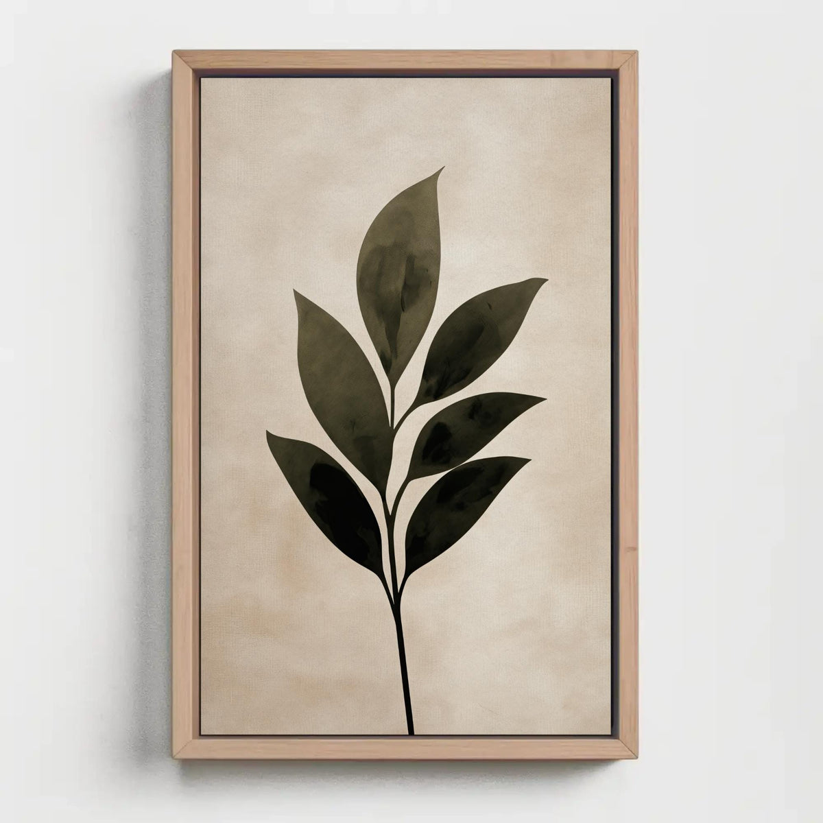 Minimalist leaf silhouette canvas wall art, framed picture of a leaf on a wall