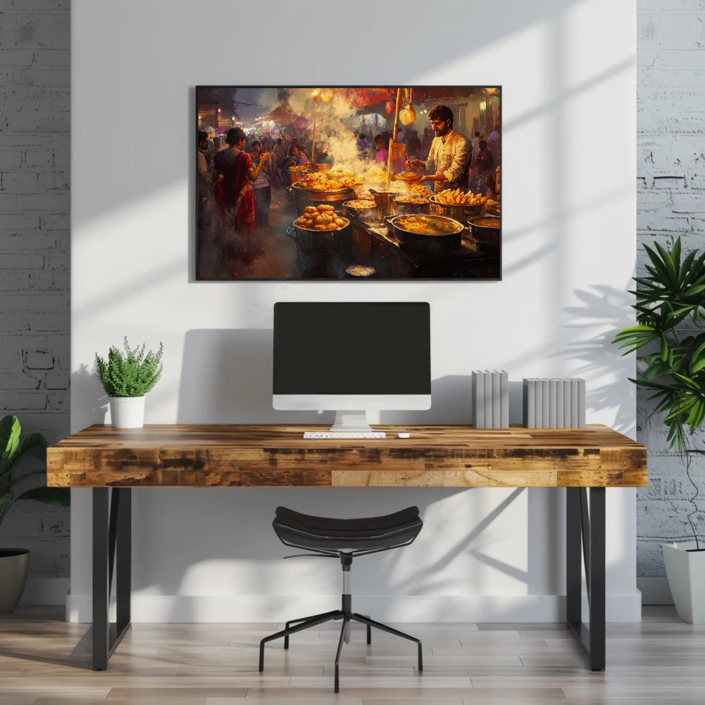 Indian Street Food , Vibrant Desi Culinary canvas wall art shown above a desk