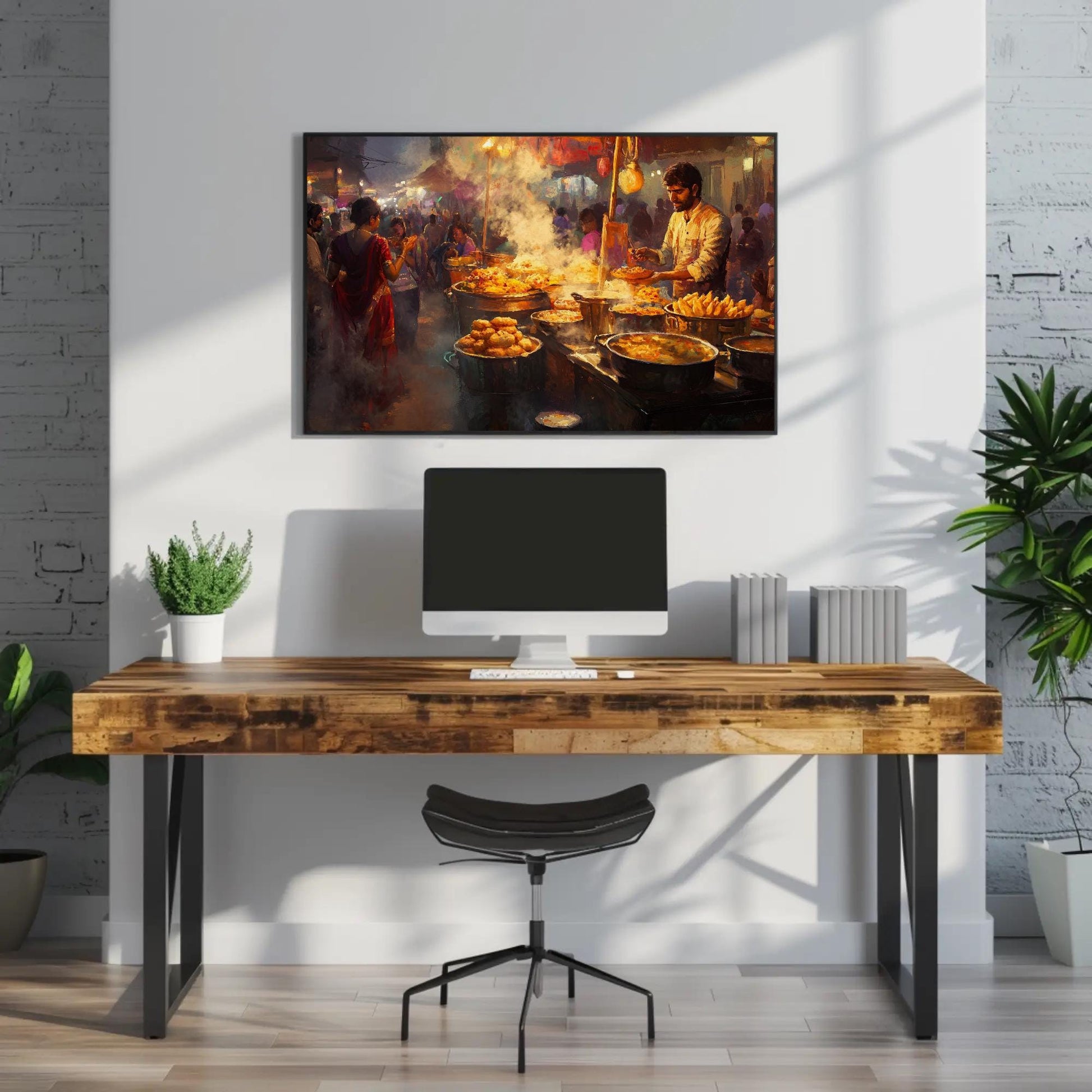 Indian Street Food , Vibrant Desi Culinary canvas wall art shown above a desk