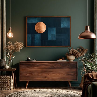 a cozy and stylish living room with a dark green wall, a wooden dresser, a large abstract painting, and various decorative elements such as potted plants, vases, and a rug.