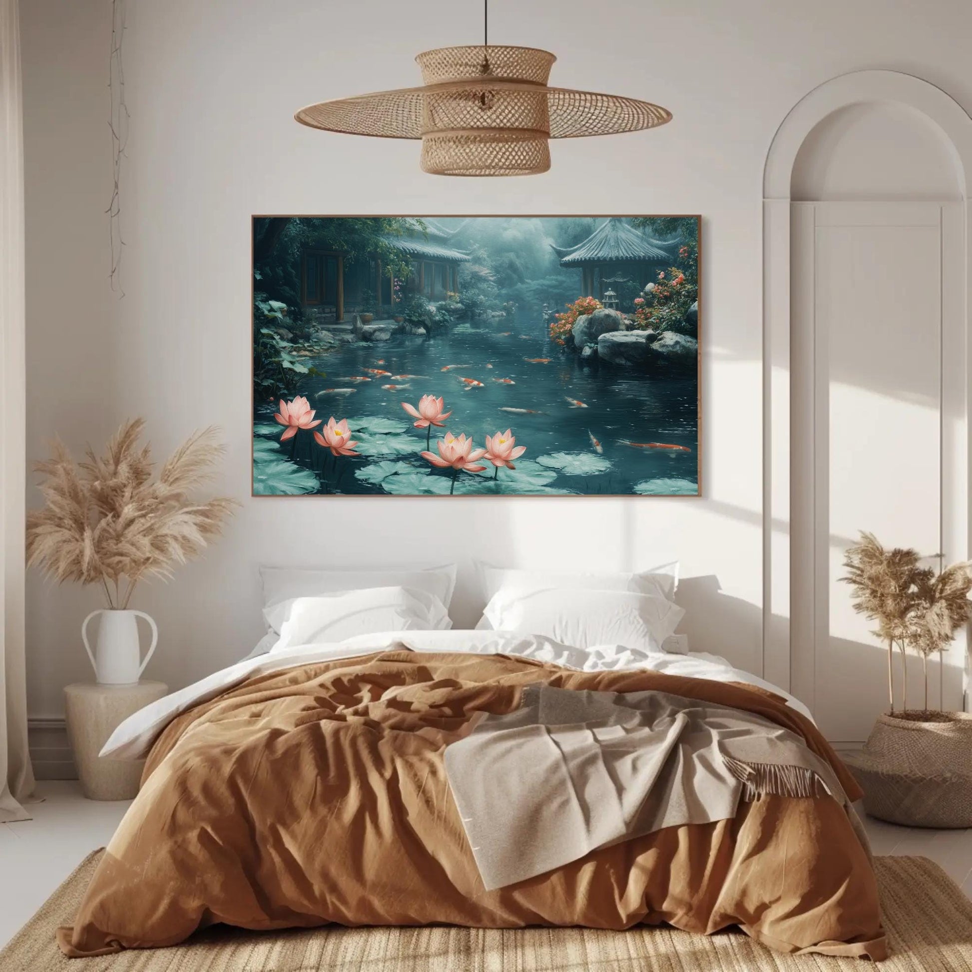 Koi Fish Pond canvas wall art shown in a bedroom (view 3)