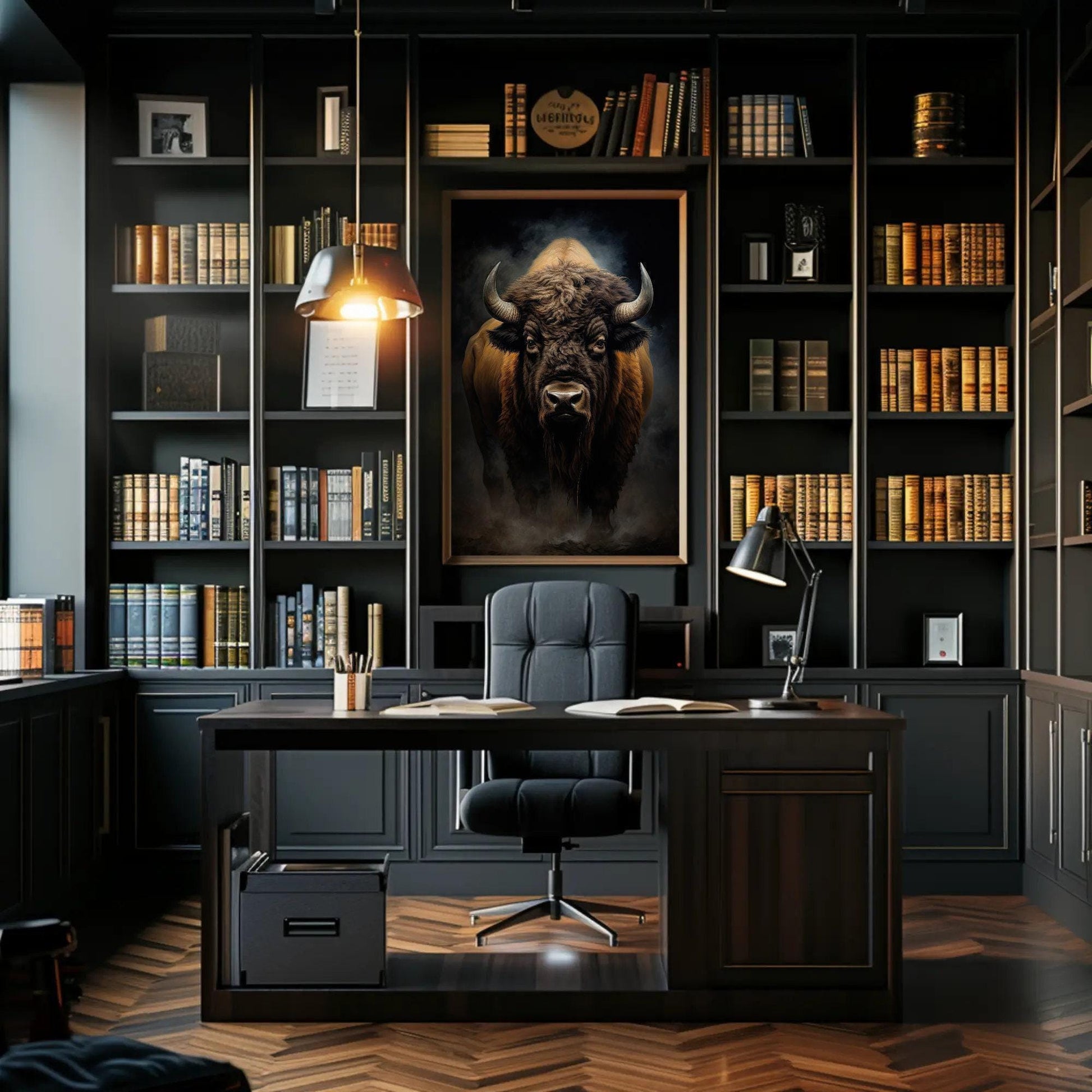 Bison canvas wall art shown above a desk