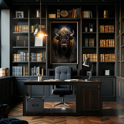 Bison canvas wall art shown above a desk