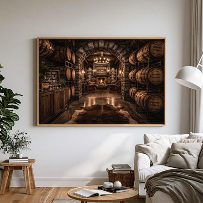 a cozy and rustic living room with a large framed picture hanging on the wall, showcasing a room filled with wooden barrels and a fireplace.