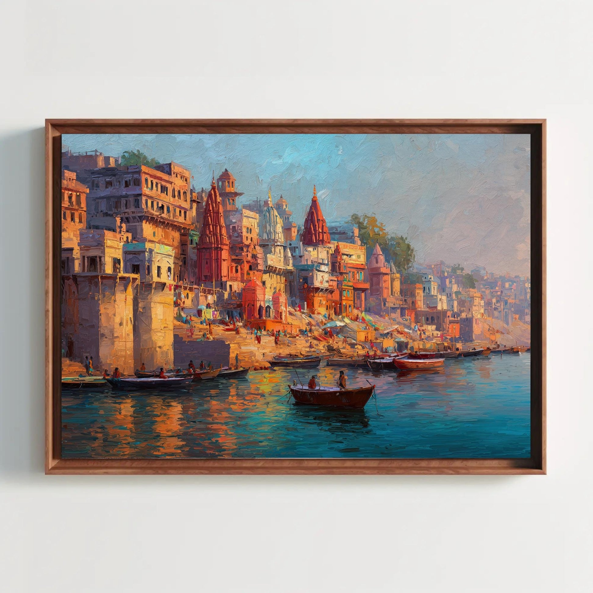 Varanasi Ghat Canvas Print, Banaras Wall Art, Sacred Kashi Ghats Artwork with Floating Frame