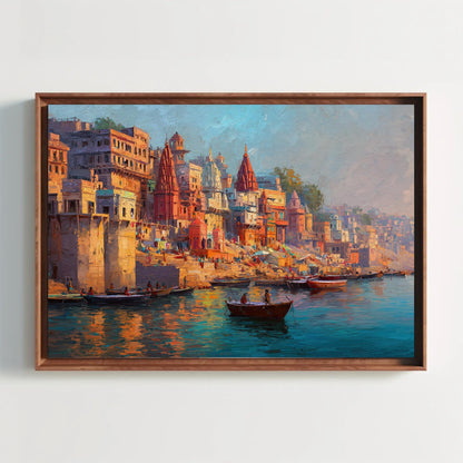 Varanasi Ghat Canvas Print, Banaras Wall Art, Sacred Kashi Ghats Artwork with Floating Frame