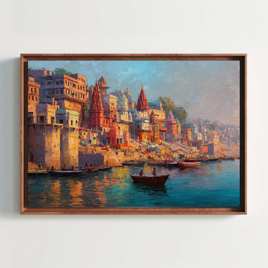 a vibrant cityscape with a river running through it, featuring a variety of colorful buildings and boats on the water.