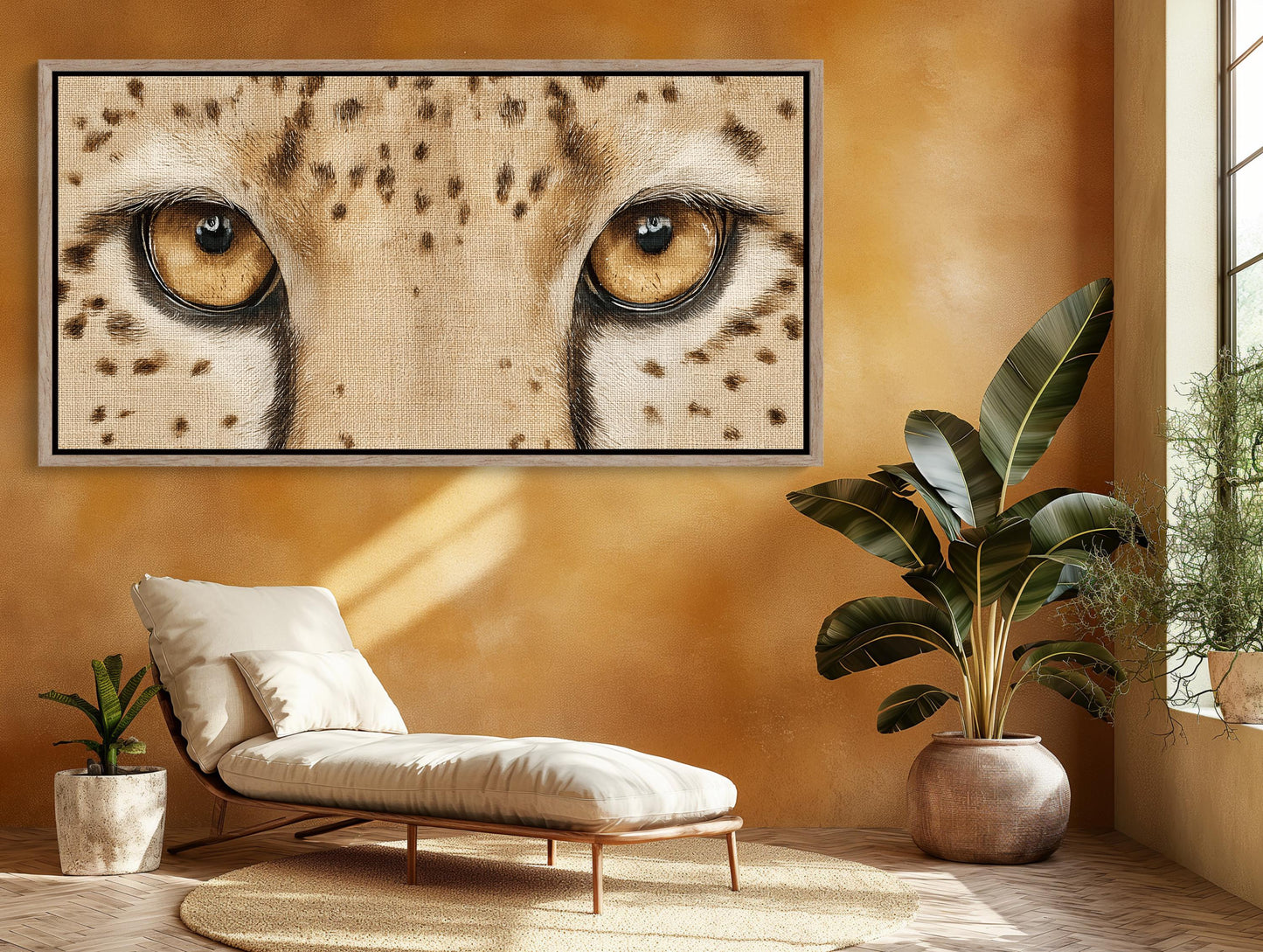 Cheetah Eyes canvas wall art shown in a styled interior
