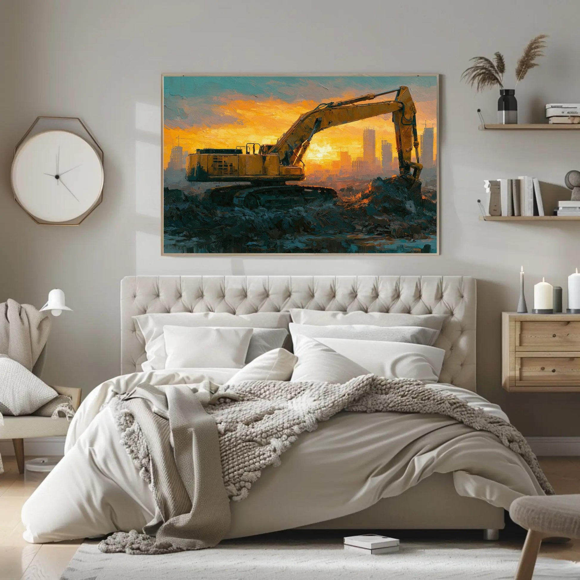 Excavator canvas wall art shown above a bed (view 3)
