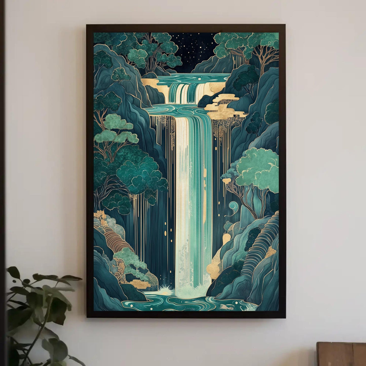 Magical Waterfall Canvas, Extra Large Fantasy Wall Art, Japanese Style Dreamy Forest Decor