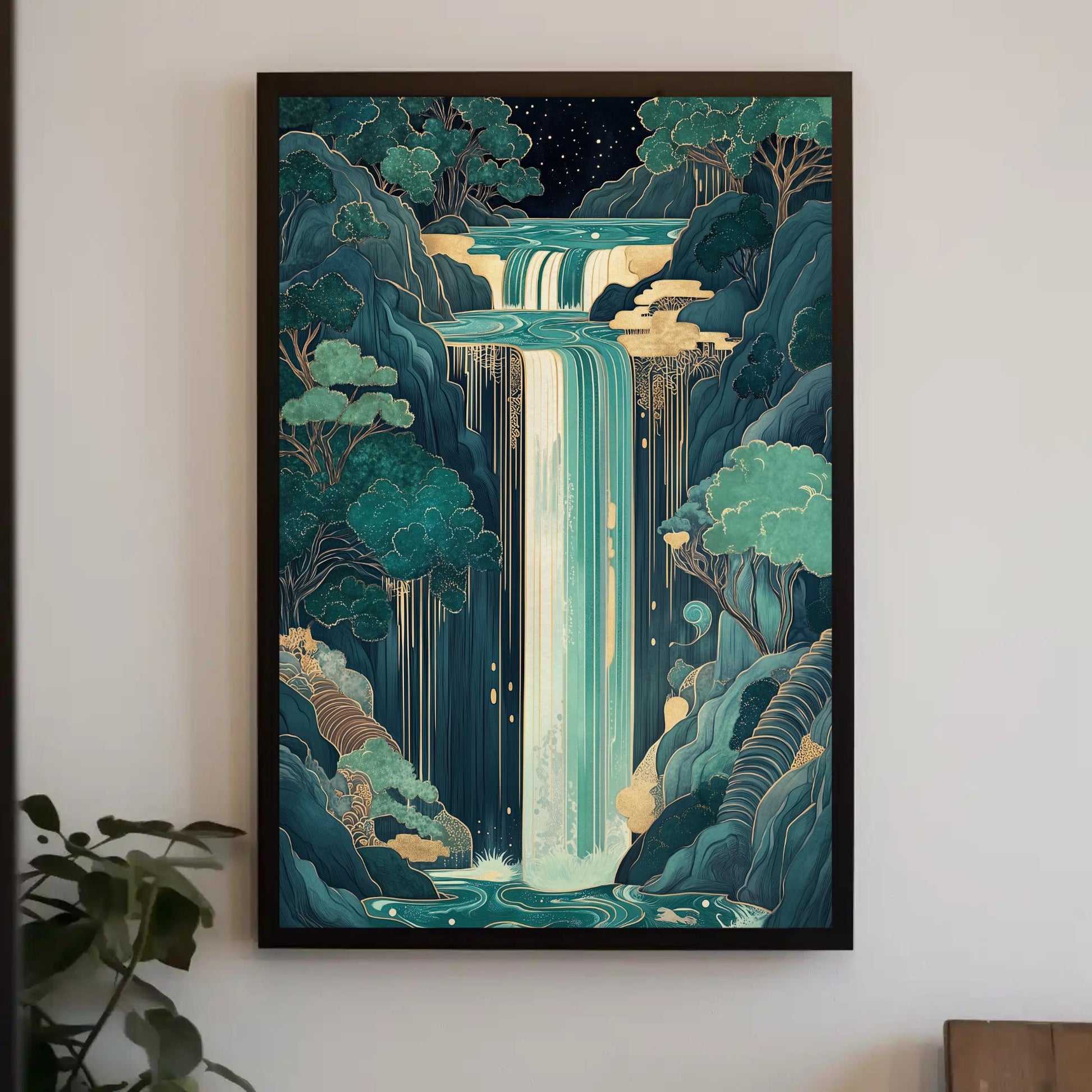 Magical Waterfall Canvas, Extra Large Fantasy Wall Art, Japanese Style Dreamy Forest Decor