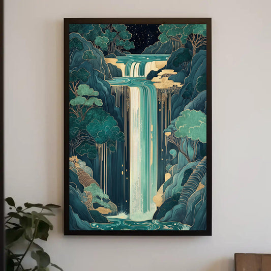 a painting of a waterfall surrounded by trees