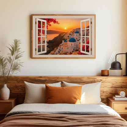 Santorini window sunset canvas wall art in a room setting