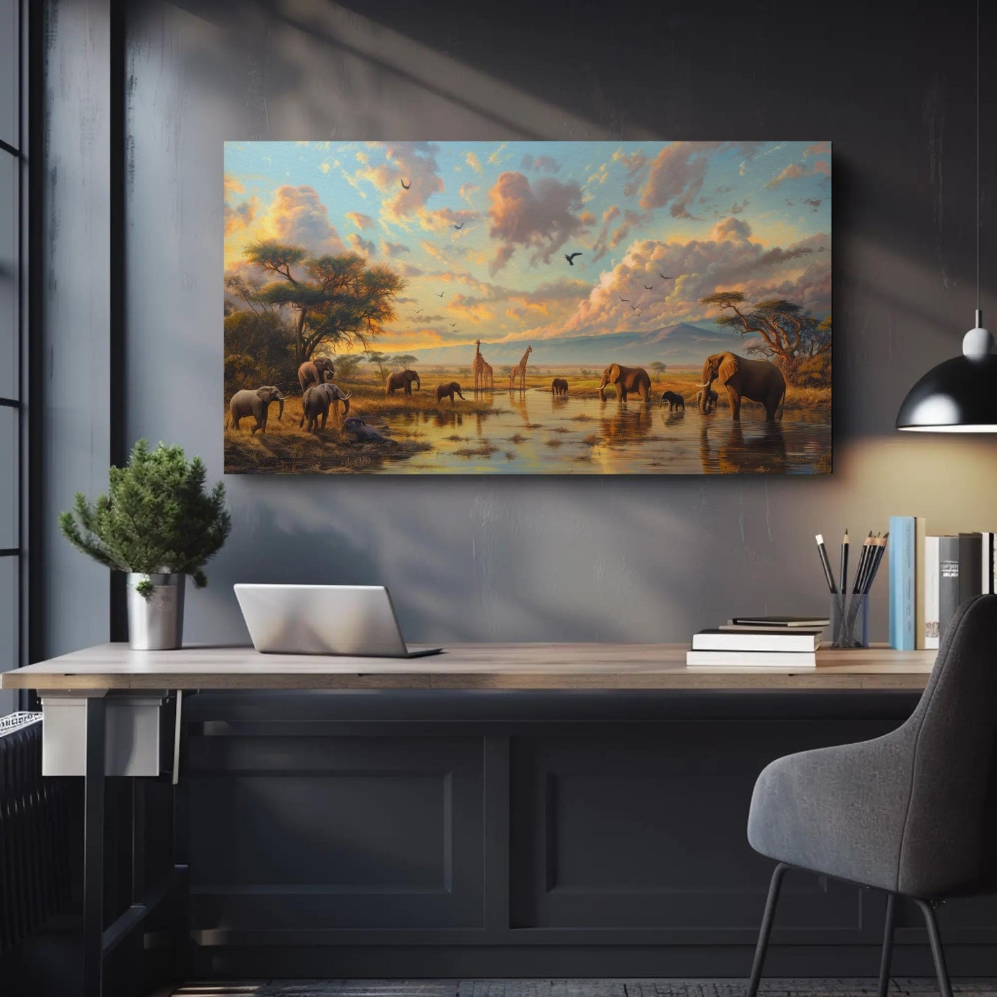 African Savannah , Giraffe Elephant Safari canvas print, premium giclée wall art