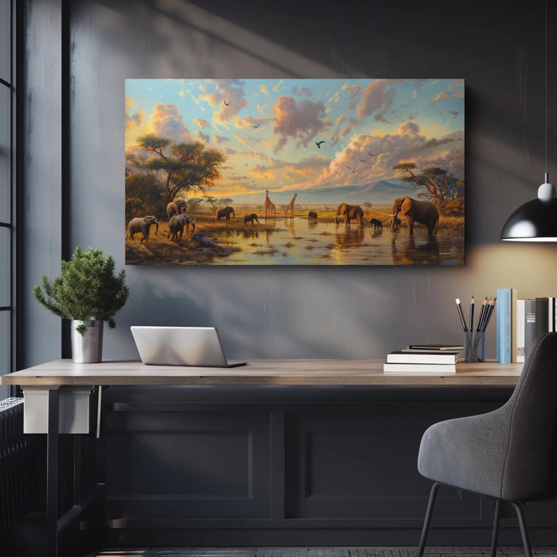African Savannah , Giraffe Elephant Safari canvas print, premium giclée wall art