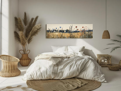 Retro Wildflowers , 70s Boho Floral canvas wall art shown in a bedroom (view 2)