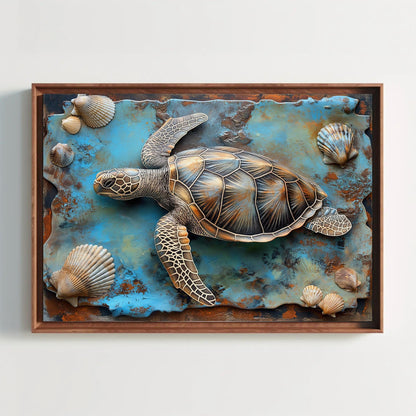 3D Sea Turtle Art, Coastal Wall Decor, Framed Canvas Ready to Hang