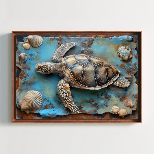 3D Sea Turtle Art - Coastal Wall Decor | Framed Canvas Ready to Hang