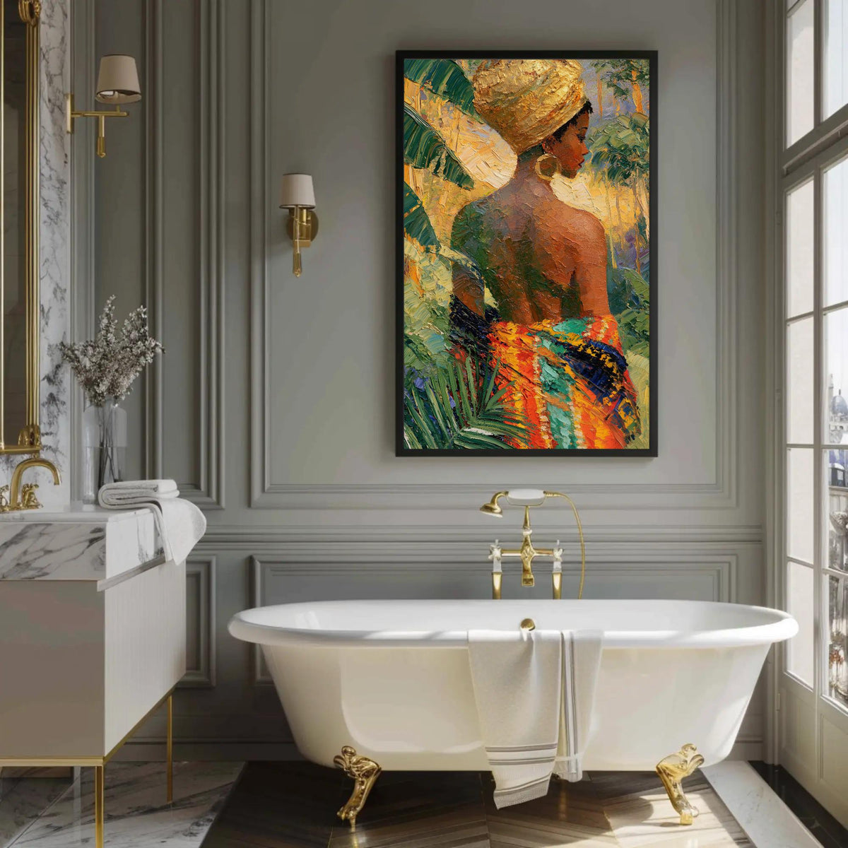 Caribbean woman in head wrap canvas wall art, luxurious bathroom with a large, ornate bathtub, a marble vanity, and a framed