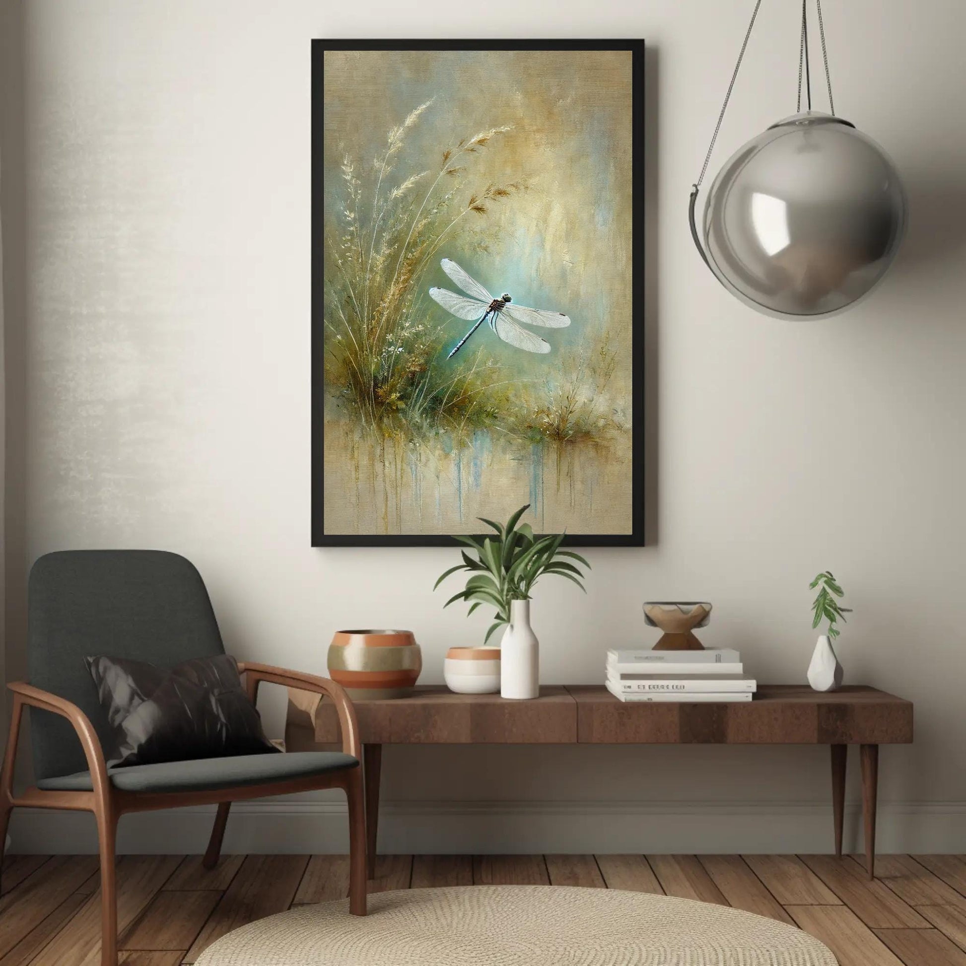 Dragonfly canvas wall art shown in a living room